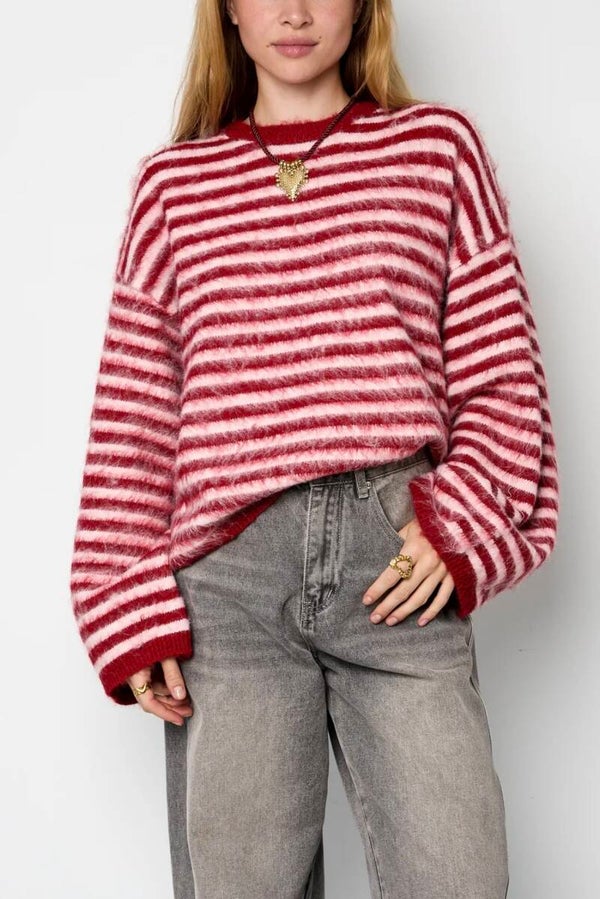 Fluffy stripes sweater - red