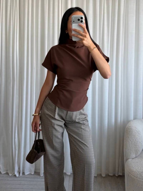 Short sleeve draped top - brown