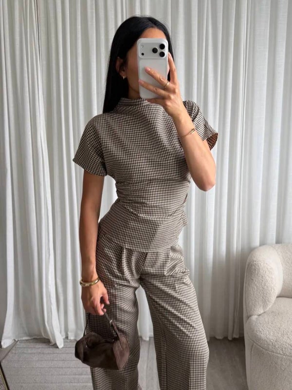 Checkered draped top - brown