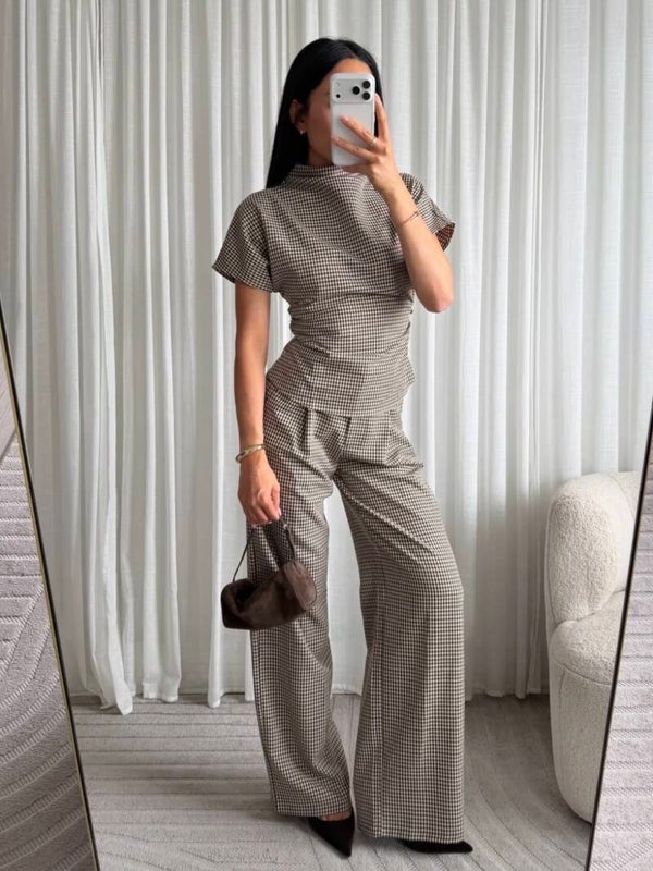 Checkered highwaist wide leg pantalon - brown