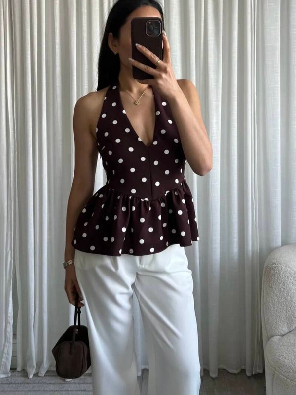 Polka dots peplum top - brown