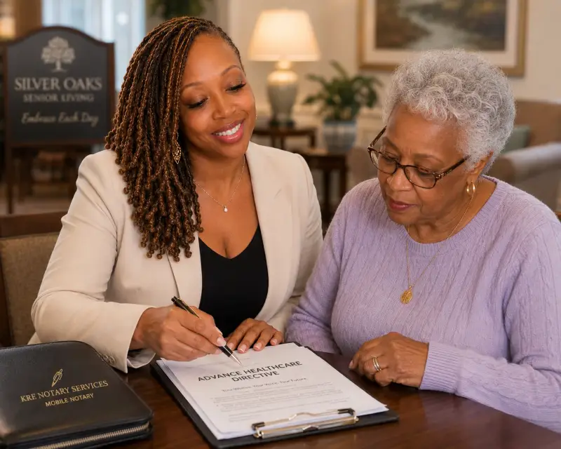 Mobile notary Kissa Baker signing documents with elderly client in Lewisville, TX