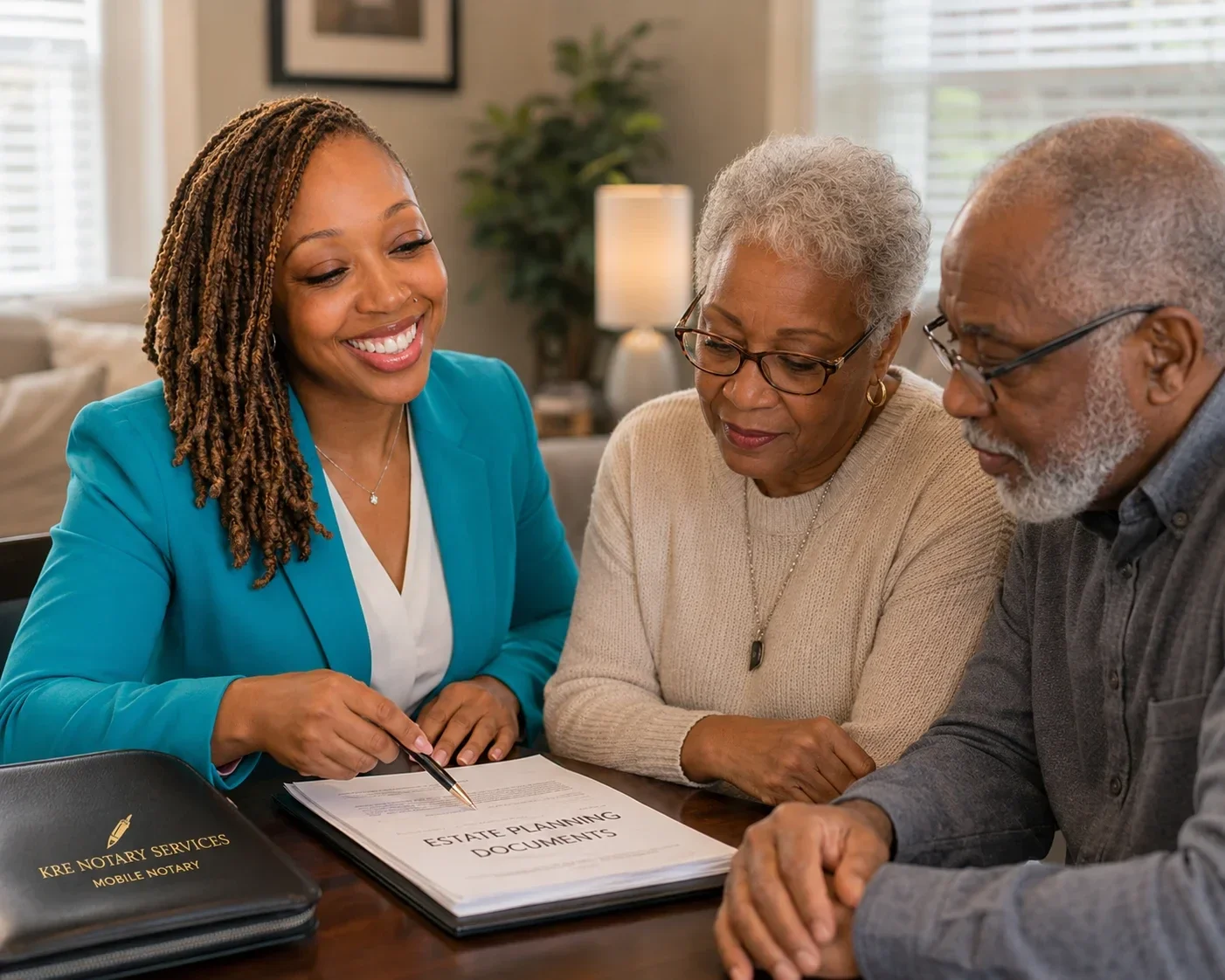 Mobile notary reviewing estate planning documents with senior couple in Lewisville, TX