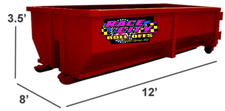 red 10 yard dumpster measuring 12 feet long by 8 feet wide and 3.5 feet tall
