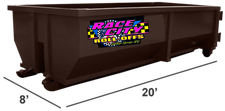 20 yard dumpster measuring 20 feet long by 8 feet wide