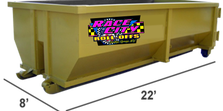 tan 30 yard dumpster measuring 22 feet long by 8 feet wide