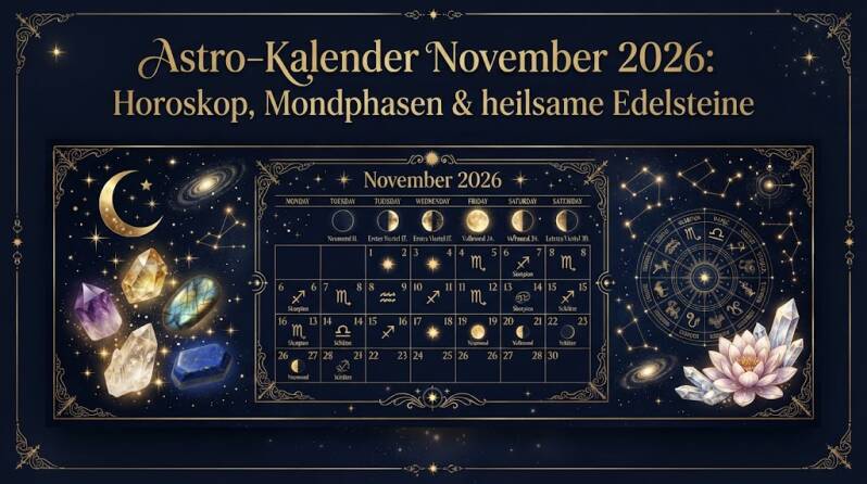 Astro-Kalender November 2026 – Monatshoroskop für alle Sternzeichen, Mondphasen, Neumond und Vollmond, Portaltage und heilsame Edelsteine. Entdecke spirituelle Rituale, astrologische Impulse und passende Heilsteine im Seelenheil Onlineshop