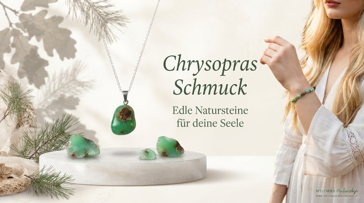 Chrysopras Schmuck online kaufen: Echter Edelstein-Schmuck mit der harmonisierenden Wirkung grüner Edelsteine für deine innere Balance entdecken im Seelenheil Onlineshop.
