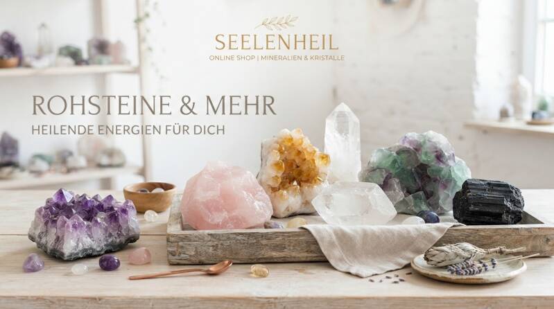 Auswahl echter Rohsteine und ungeschliffener Edelsteine im Seelenheil Onlineshop – wunderschöne Mineralien und Kristalle online kaufen.