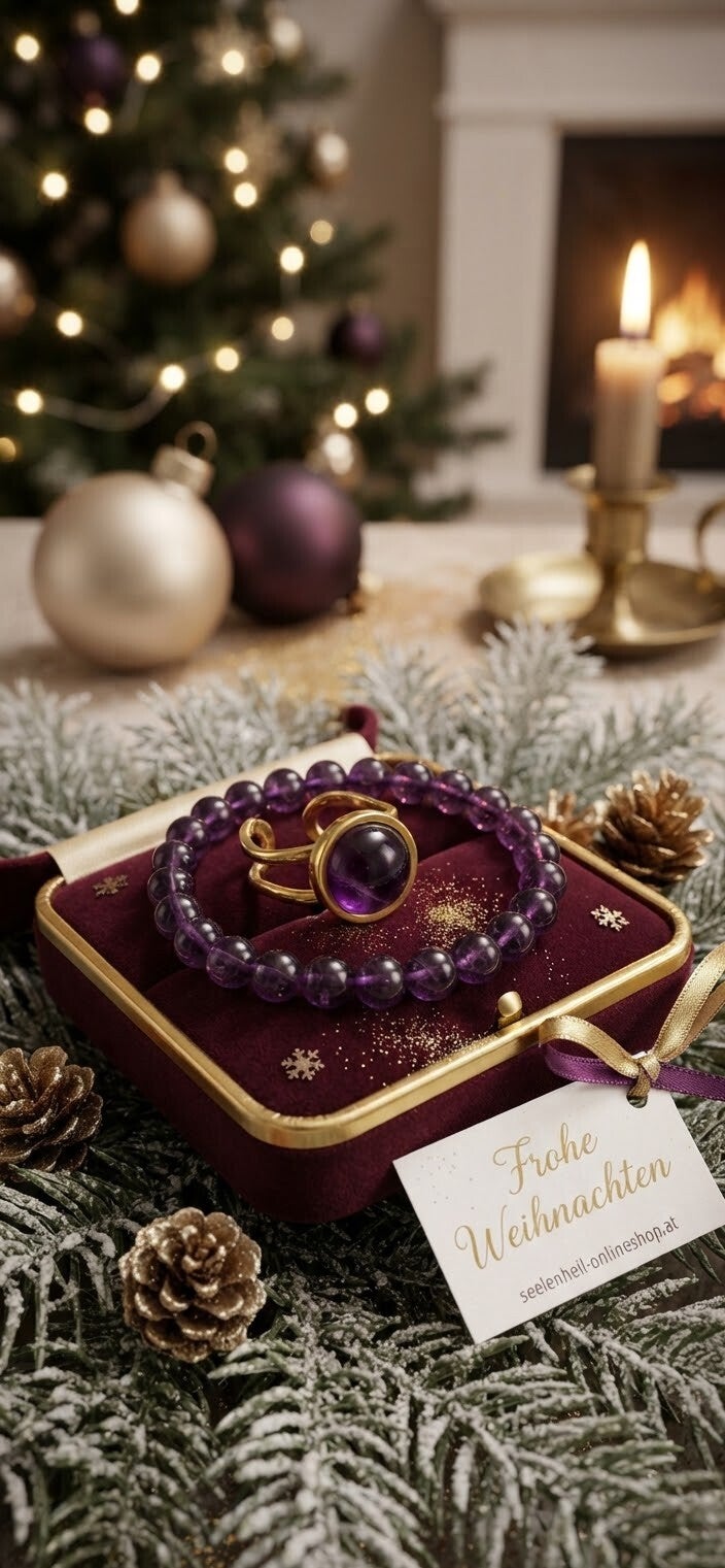 Spirituelle Geschenkidee zu Weihnachten: Edler Amethyst Edelstein-Schmuck und funkelnder Damenschmuck für innere Ruhe online kaufen im Seelenheil Onlineshop.