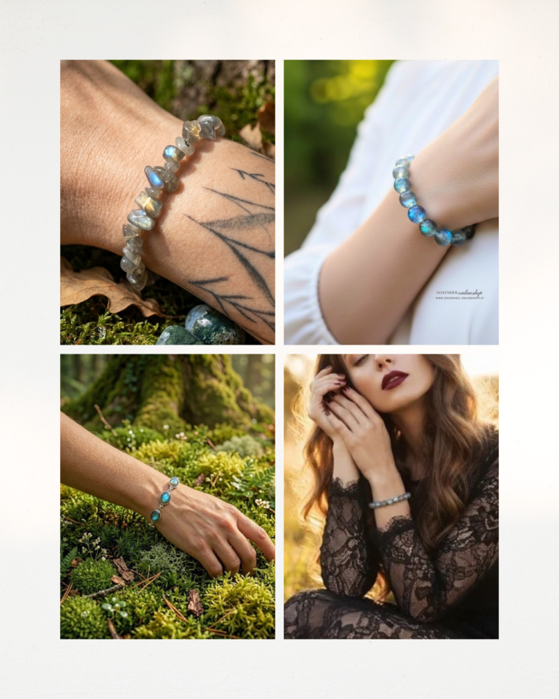 Labradorit Armband kaufen – Splitterarmband, Kugelarmband und Perlenarmband aus echtem Labradorit, hochwertiger Heilsteinschmuck im Seelenheil Onlineshop.