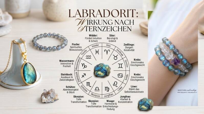 Labradorit Wirkung und Bedeutung für alle 12 Sternzeichen – entdecke spirituellen Labradorit Schmuck, Labradorit-Anhänger, Armbänder und Edelsteinschmuck zum Kaufen im Seelenheil Onlineshop. Labradorit gilt in der Edelsteinlehre als Symbol für Intuition, 