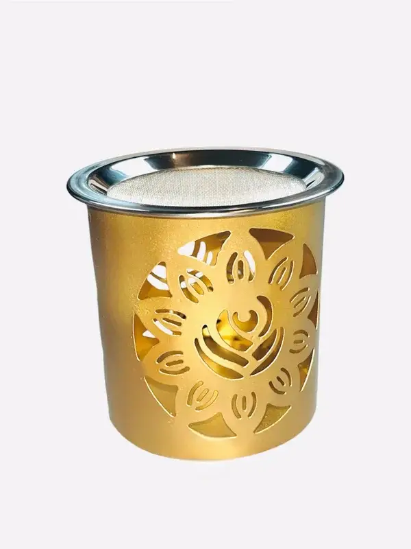 Räucherstövchen mit Sieb – Sanftes Räuchern von Räucherwerk, Weihrauch & Harz | Eisen & Gold, 8 cm I Goldene Sonne