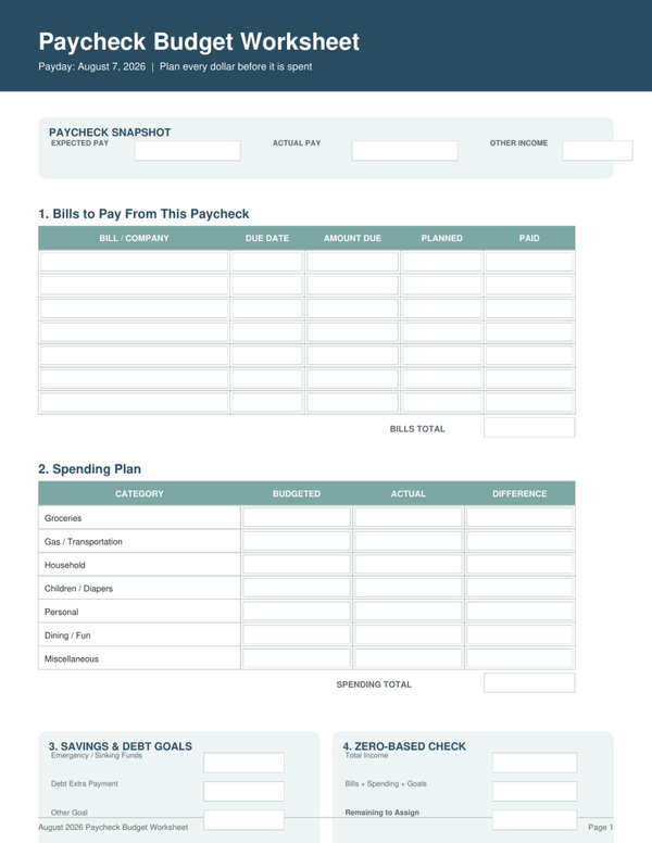 Paycheck Budgeting Worksheet