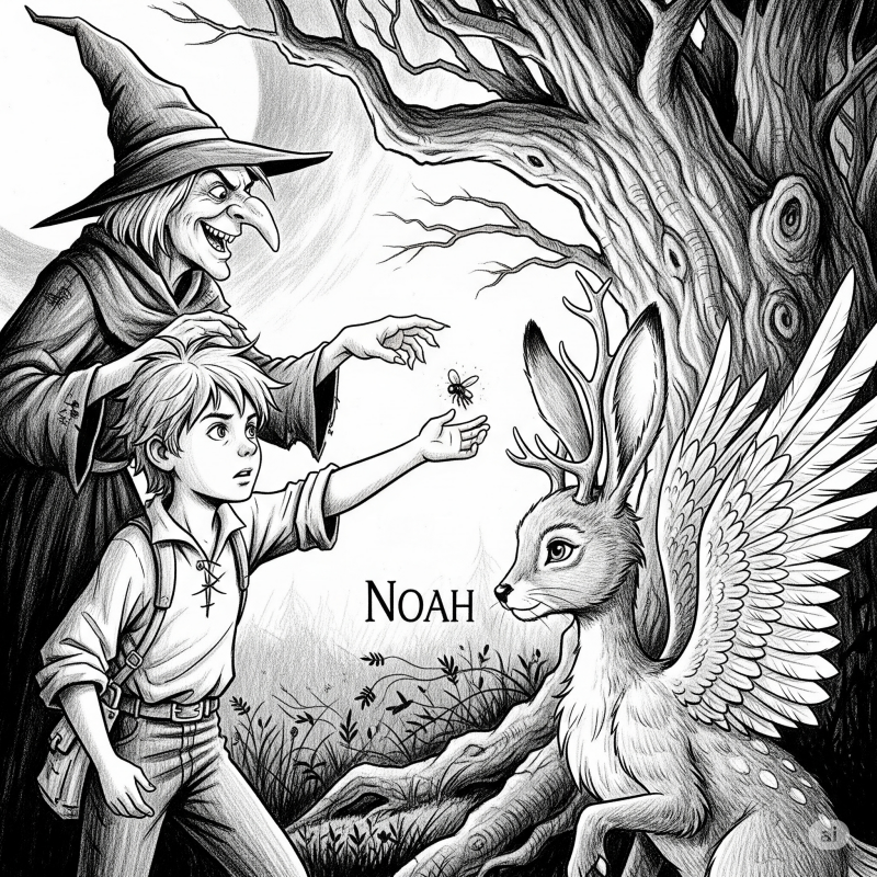 Eine Hexe in schwarz gekleidet, kämpft mit Noah und Watzi dem Wolperdinger um die Glühwürmchen Königin.