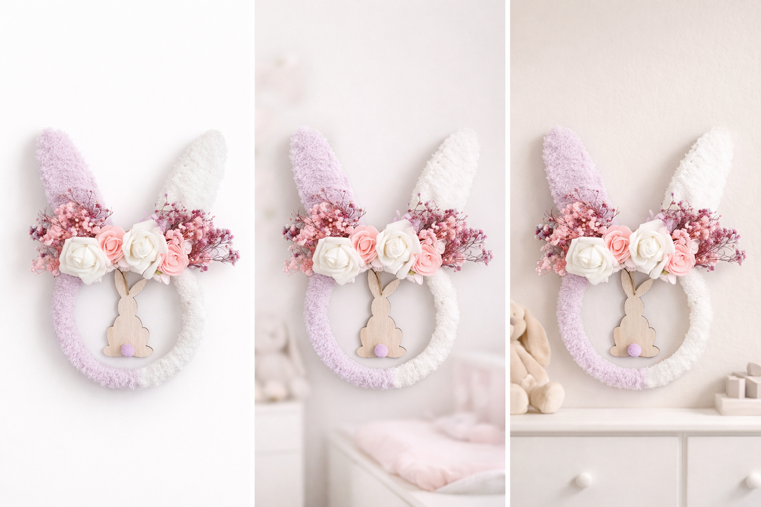 Handgemaakte paasdecoratie | Konijnenkrans 30 cm –| Pastel bunny krans met bloemen