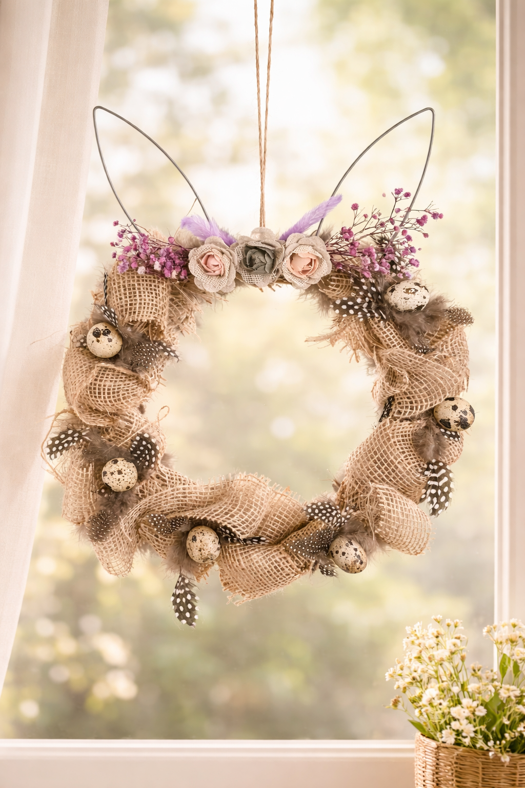 Handgemaakte Paaskrans Konijnenoren 30 cm –| Natuurlijke paasdecoratie met jute en eitjes