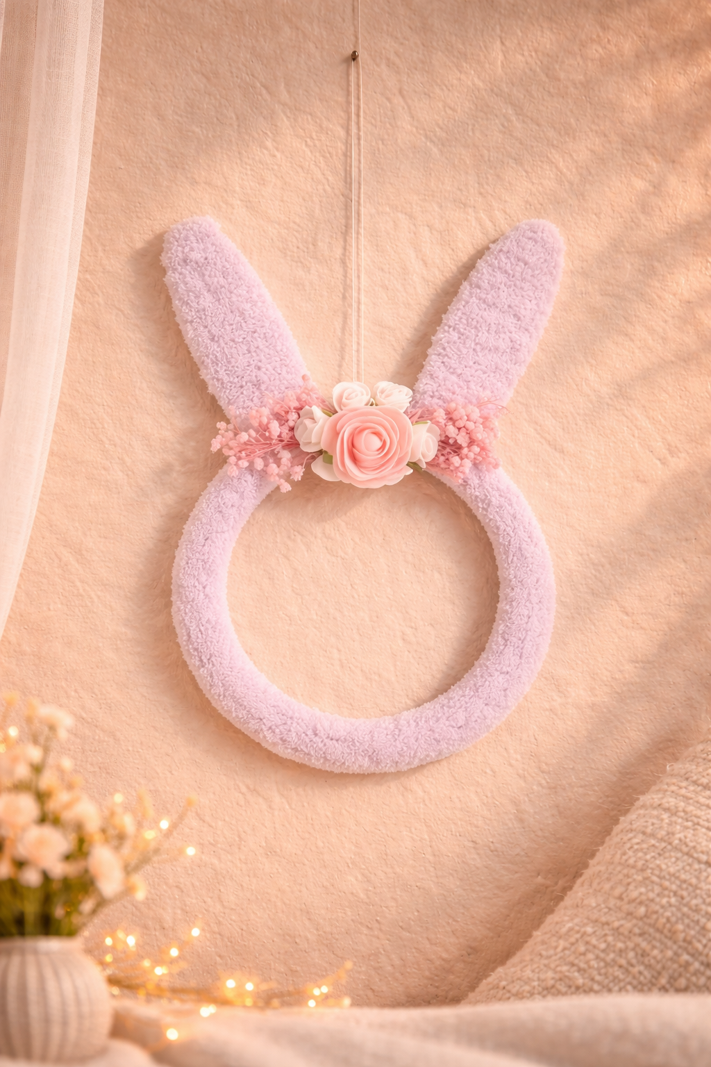 Handgemaakte paasdecoratie | Konijnenkrans 30 cm –| Pastel roze|  bunny krans met bloemen