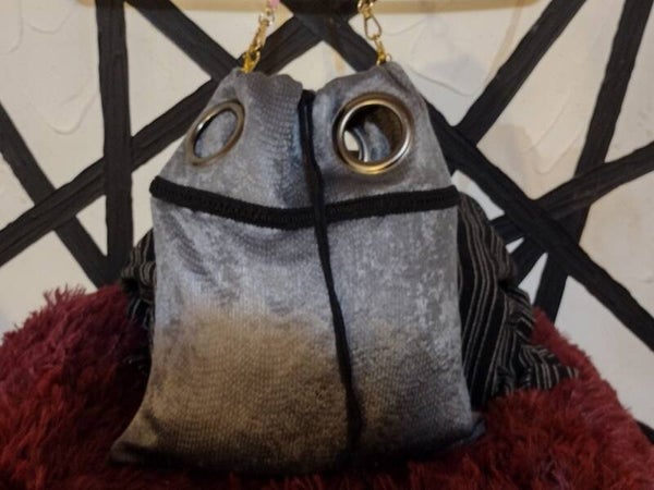 Grey drawstring satchel bag