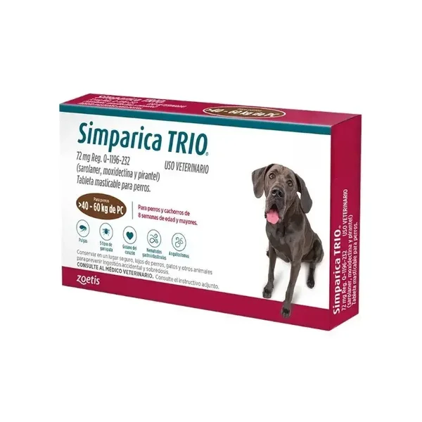 Simparica Trio para perros de 40-60 kg. Desparasitante externo e interno
