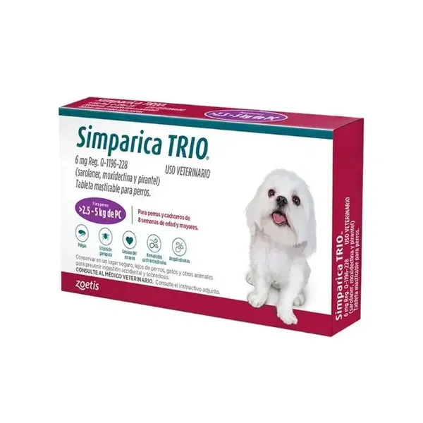 Simparica Trio para perros de 2.5-5 kg. Desparasitante externo e interno