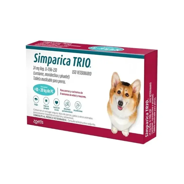 Simparica Trio para perros de 10-20. Desparasitante externo e interno