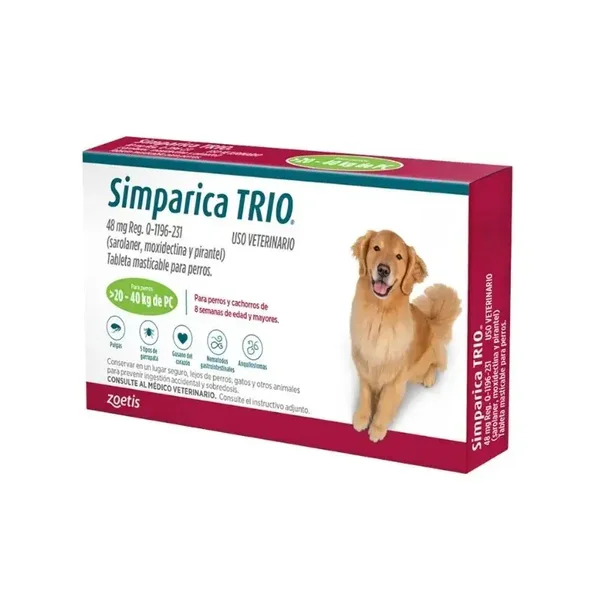 Simparica Trio para perros de 20-40. Desparasitante externo e interno