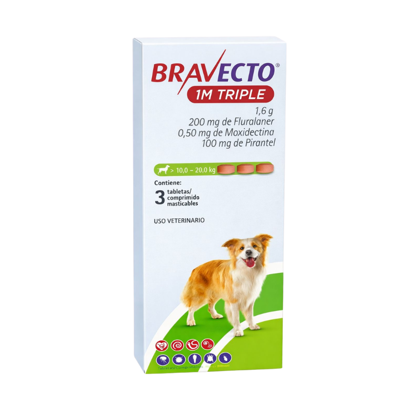 Bravecto 1M Triple para perros de 10-20 kg (3 Tabs). Desparasitante externo e interno