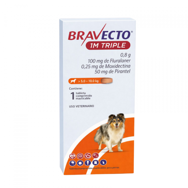 Bravecto 1M Triple para perro de 5-10 kg (1 Tab). Desparasitante externo e interno