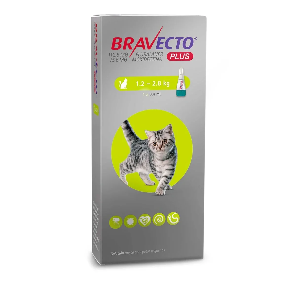 Bravecto Plus para gatos de 1.2-2.8 kg. Desparasitante externo e interno