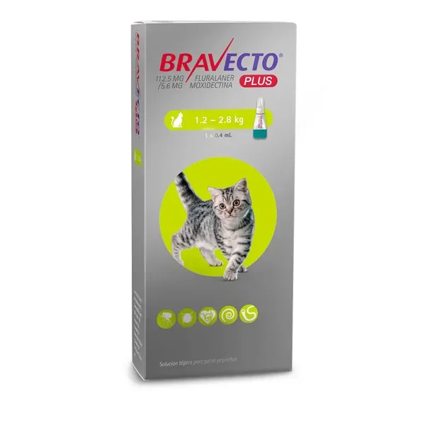 Bravecto Plus para gatos de 1.2-2.8 kg. Desparasitante externo e interno