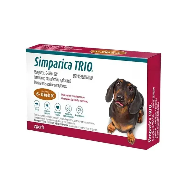 Simparica Trio para perros de 5-10 kg. Desparasitante externo e interno