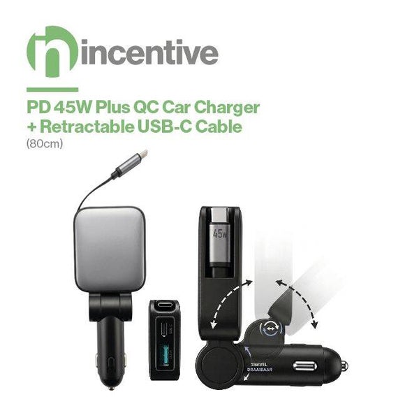 PD 45W plus QC autolader met intrekbare type C-kabel