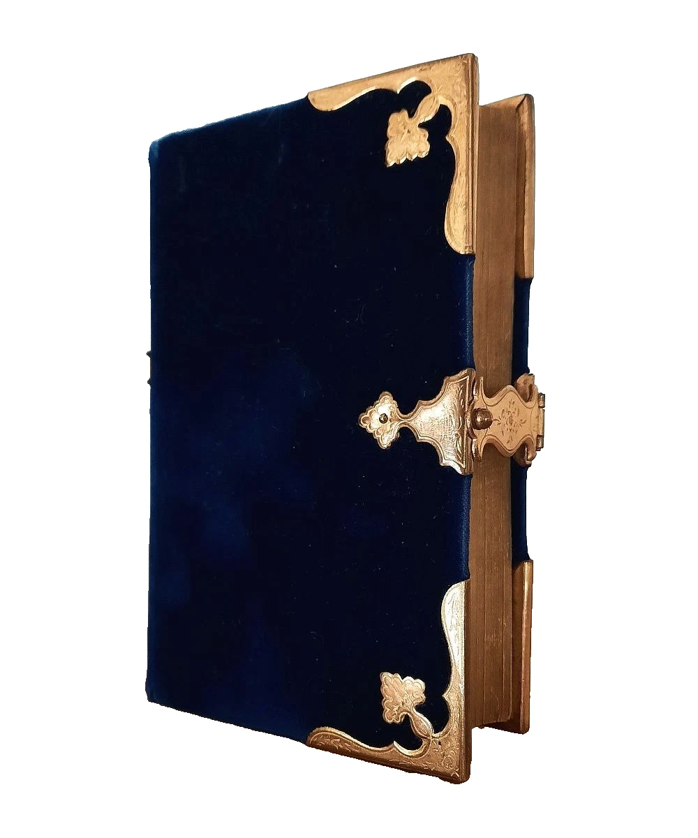 (1851) Blue Velvet Christian Prayerbook with Brass Clasp & Corners