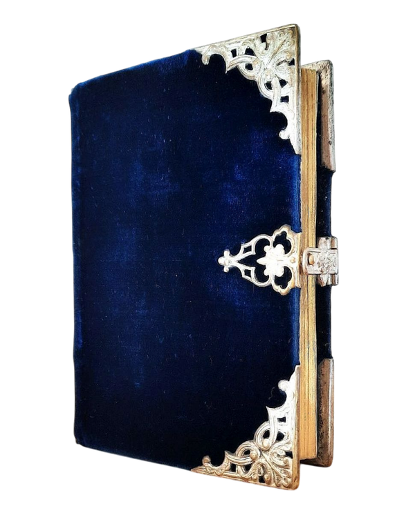 (1853) Blue Velvet Christian "Book of Hours" with Silver Clasp & Corners