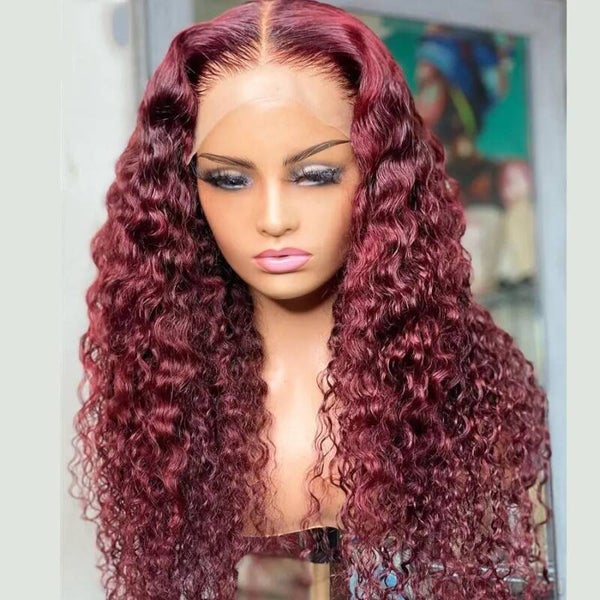 Deep Wave 99j Burgundy Human Hair Lace Front Wig