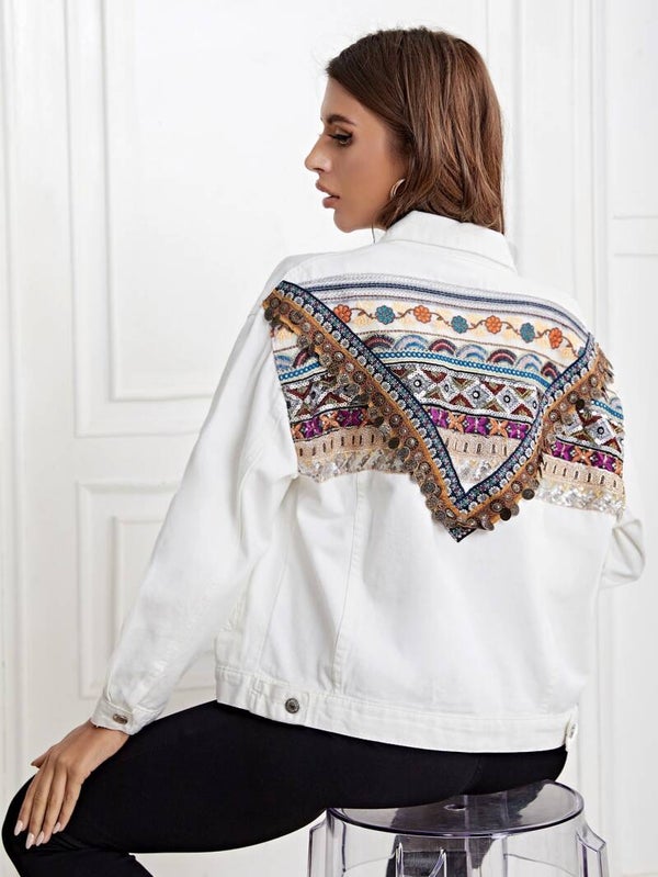 Contrast Sequins Denim Jacket