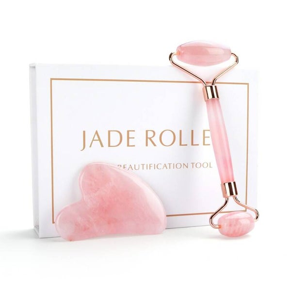 100% Natural Rose Quartz Jade Roller & Gua Sha Set
