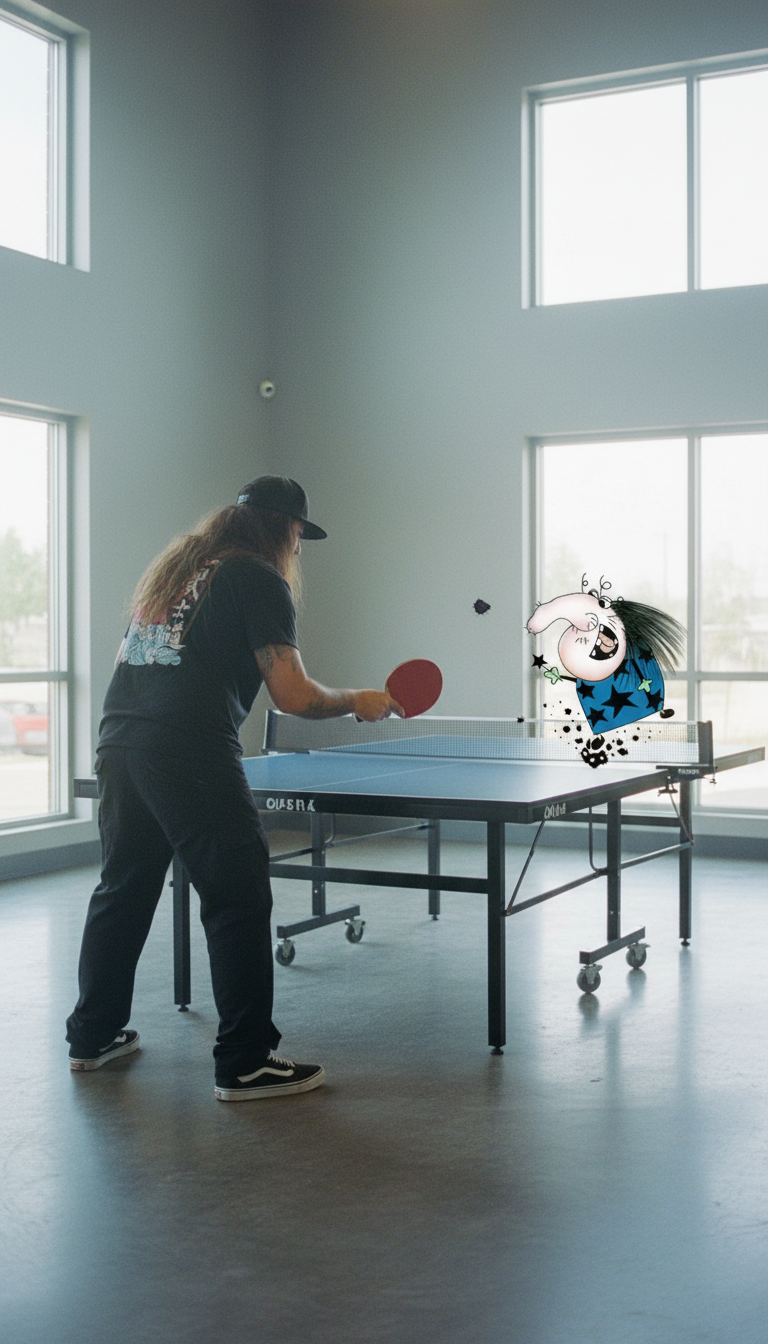 During my vacation week, Iris the Witty Old Witch decided that ping-pong would be her favorite sport. Everything was going perfectly… until, in one of her witty moments, she replaced the ping-pong ball with her mole! She said it was more aerodynamic — 🏓