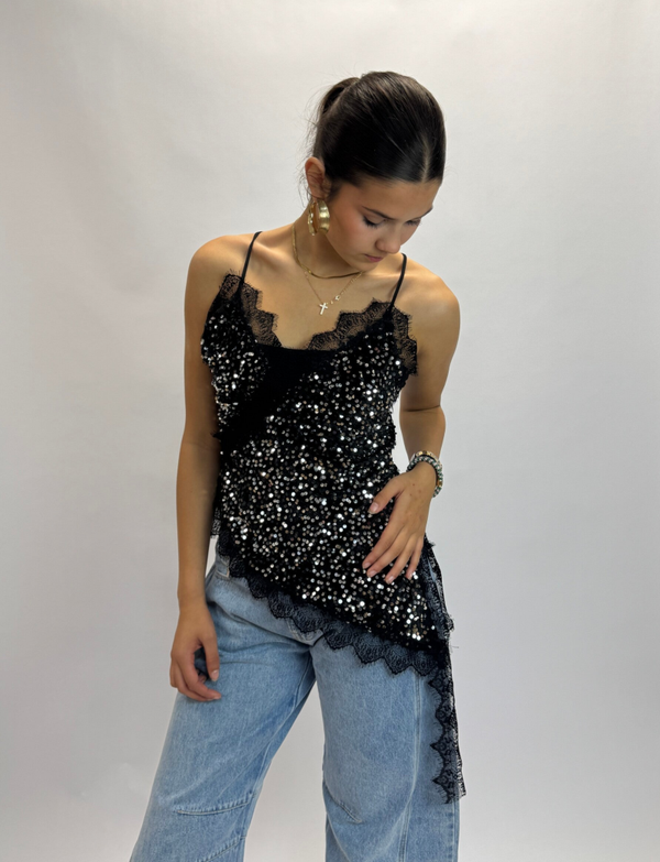 Amy asymmetrical glitter top