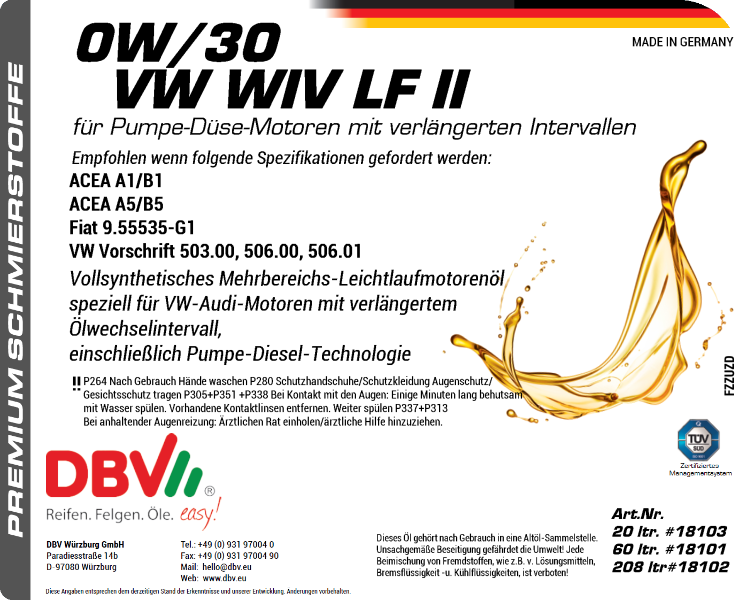 0W-30 VOLLSYNTHETISCH FÜR VW WIV LONGLIFE II