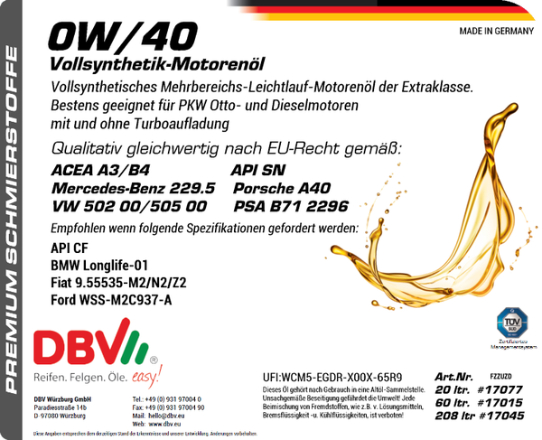0W-40 DBV-VOLLSYNTHETIK-MOTORENÖL