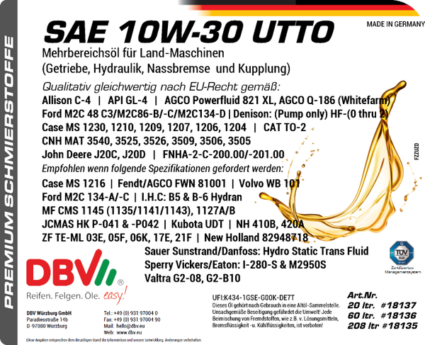 10W-30 UTTO-UNIVERSAL TRAKTORENÖL / GETRIEBEÖL U. HYDRAULIKÖL