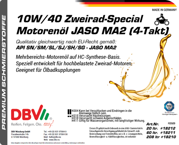 10W-40 DBV-ZWEIRAD-SPECIAL-MOTORENÖL JASO MA (4-TAKT)