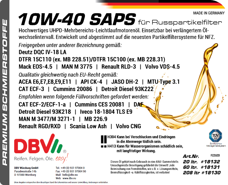 10W-40 SAPS FÜR RUSSPARTIKELFILTER LKW-MOTORENÖL