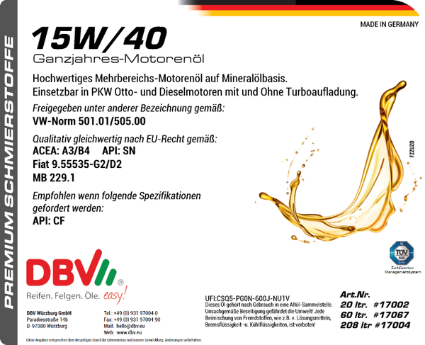 15W-40 DBV-GANZJAHRES-MOTORENÖL