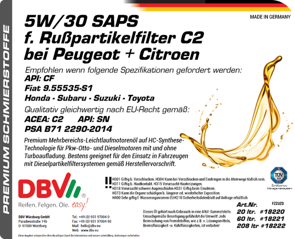 5W/30 SAPS RUSSPARTIKELFILTERÖL C2 FÜR PEUGEOT + CITROEN