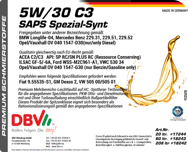 5W/30 SAPS RUSSPARTIKELFILTERÖL C3 FÜR BMW, MB, OPEL DEXOS 2, VW-PDI
