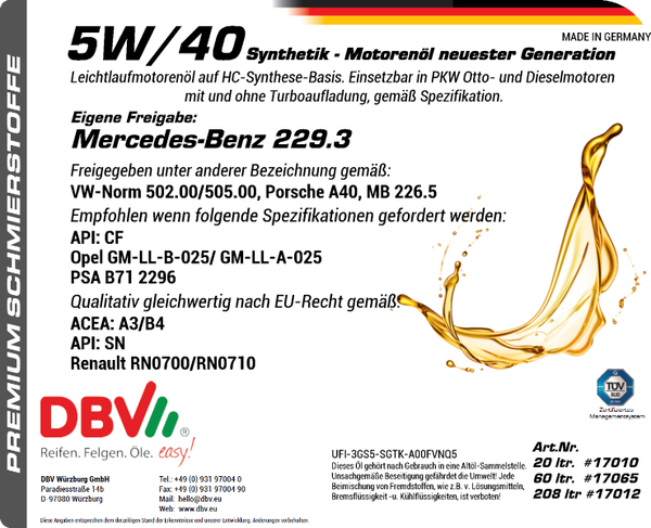 5W-40 DBV-SYNTHETIK-MOTORENÖL NEUESTER GENERATION