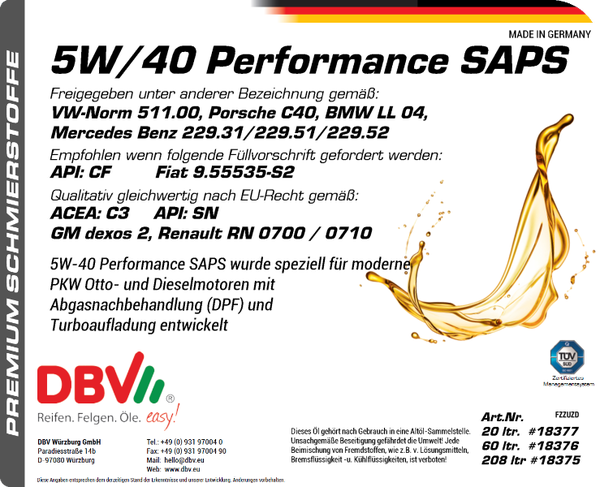 5W-40 PERFORMANCE SAPS